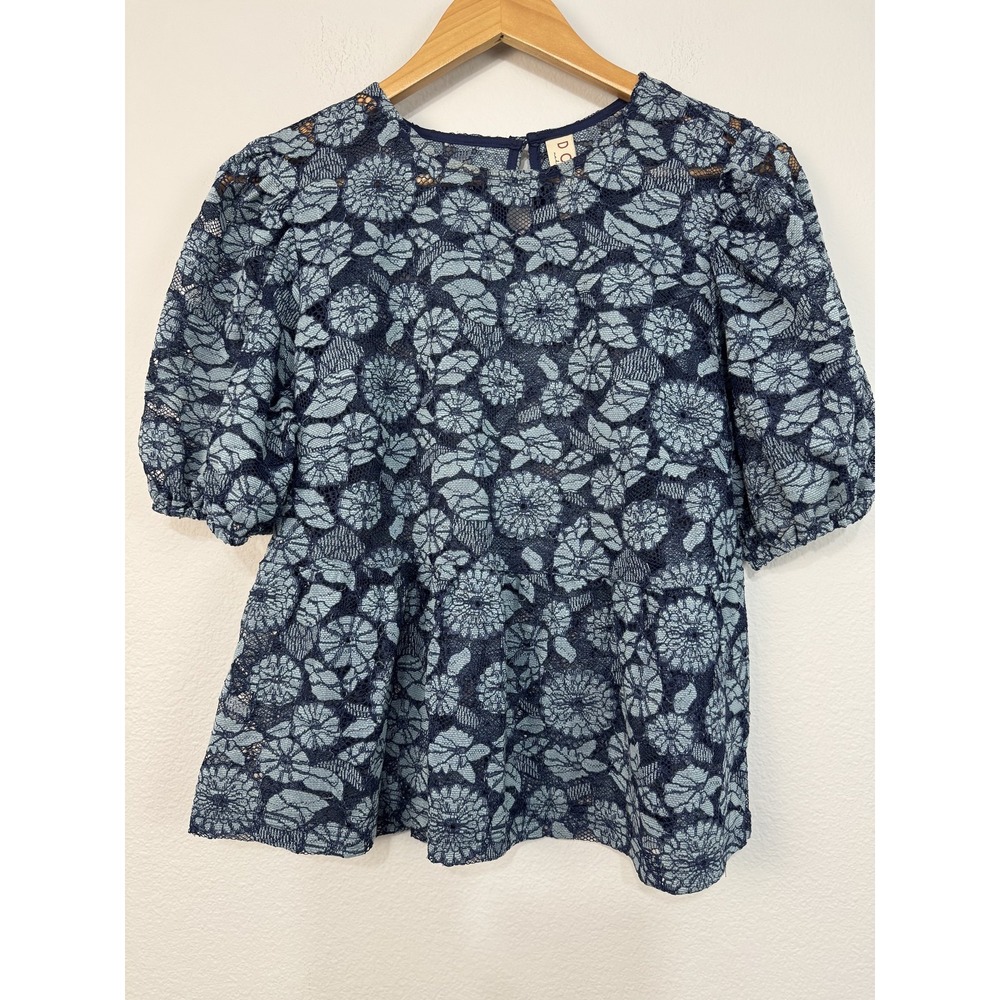 Anthropologie Dolan Blouse Women's Medium Blue Floral Sheer Lace Peplum Top